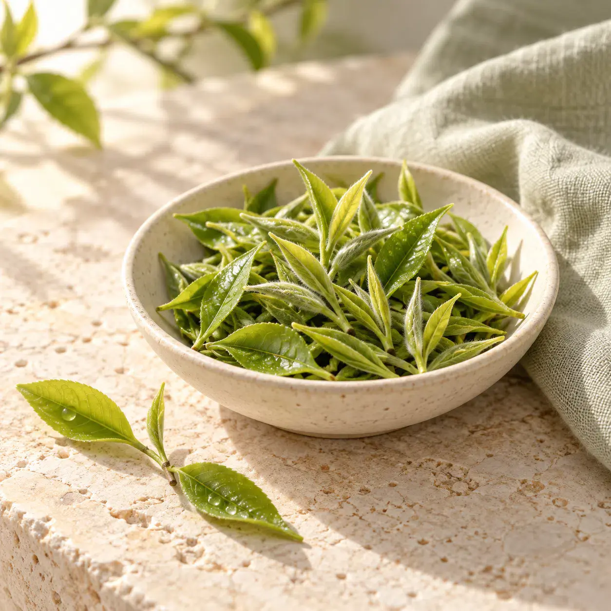 Fresh spring tea buds in a ceramic bowl