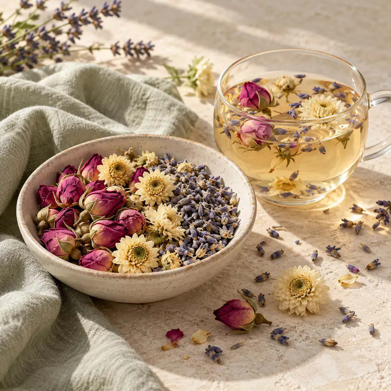Dried rose, chrysanthemum and lavender flower tea