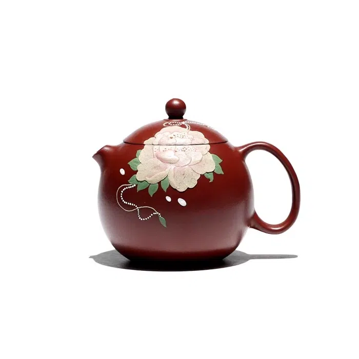 Pufferfish Xishi Yixing Teapot, Peony Art, Da Hong Pao Zhu Ni Clay 150ml — detail 3