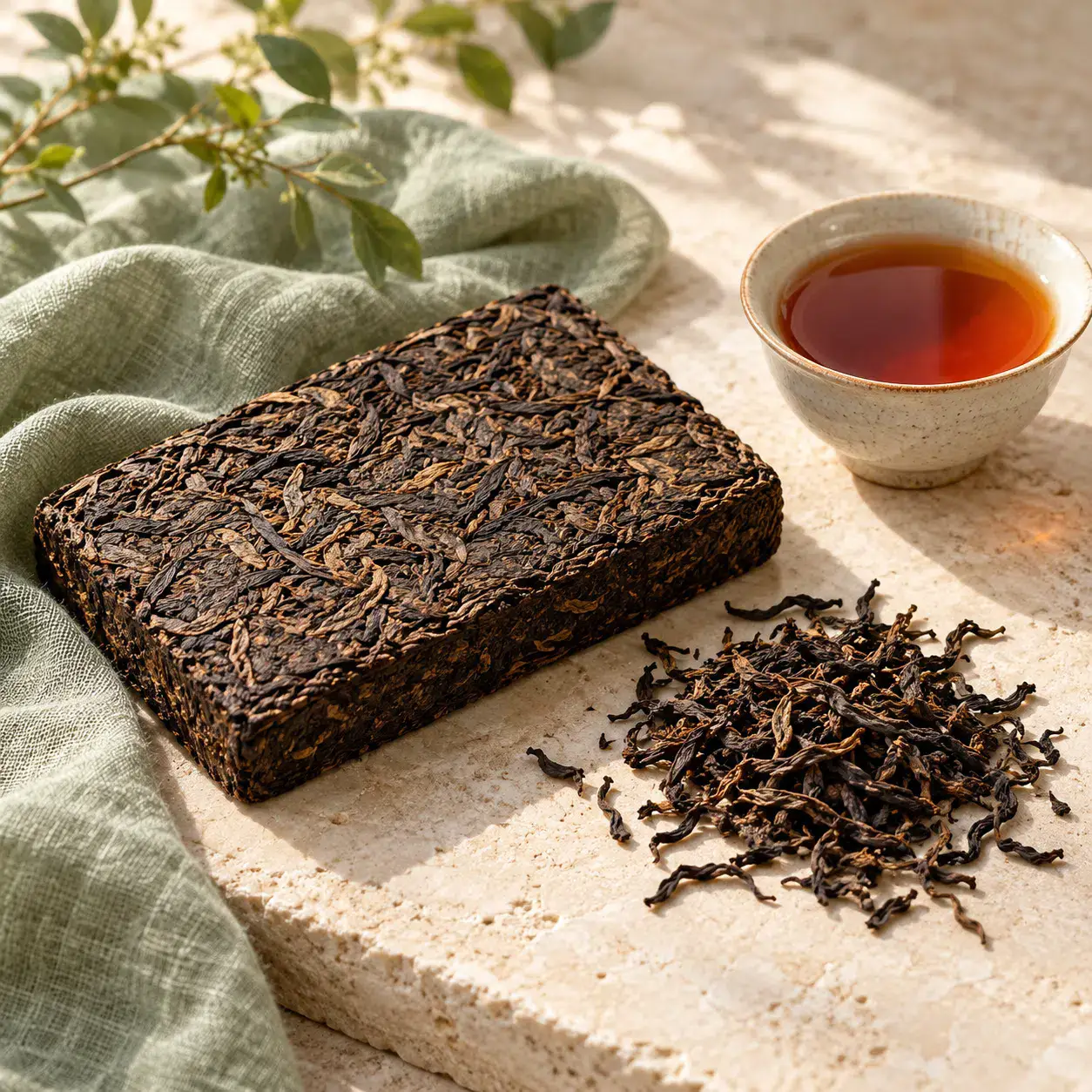 Compressed pu erh tea brick with loose leaves