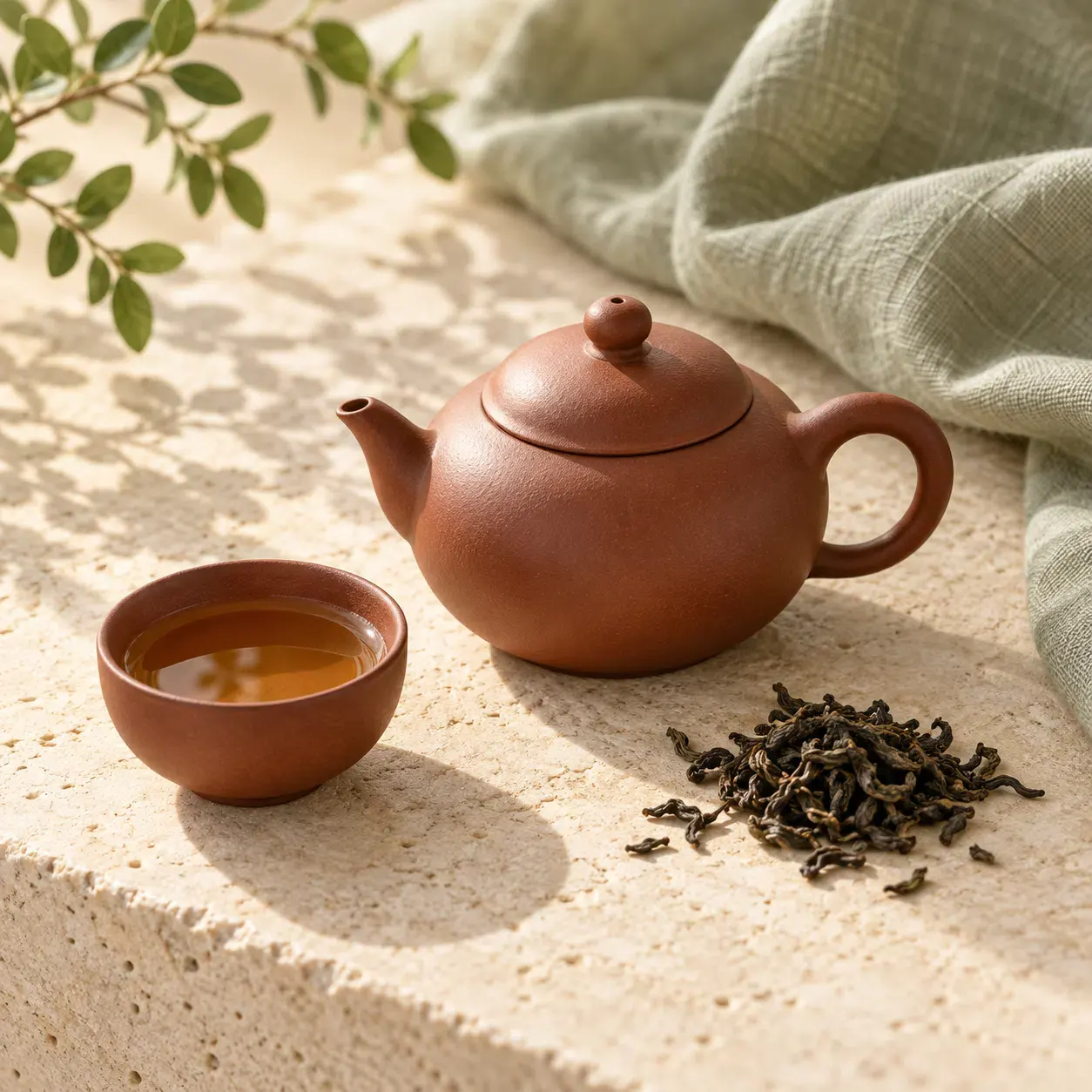 Unglazed clay Yixing style teapot and tasting cup
