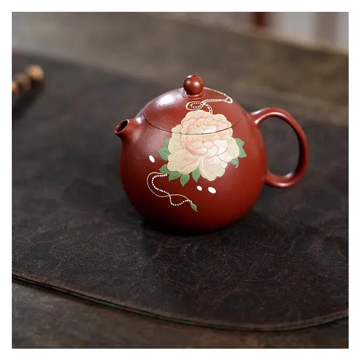 Pufferfish Xishi Yixing Teapot, Peony Art, Da Hong Pao Zhu Ni Clay 150ml — detail 1