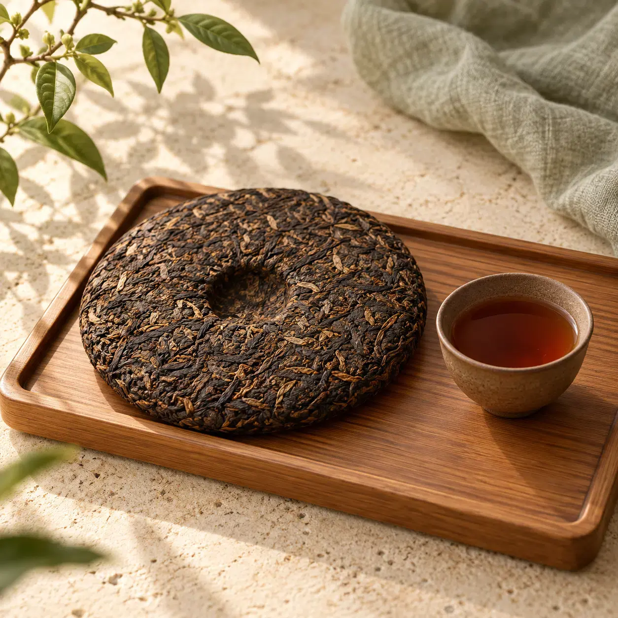 Round compressed pu erh tea cake on a tray
