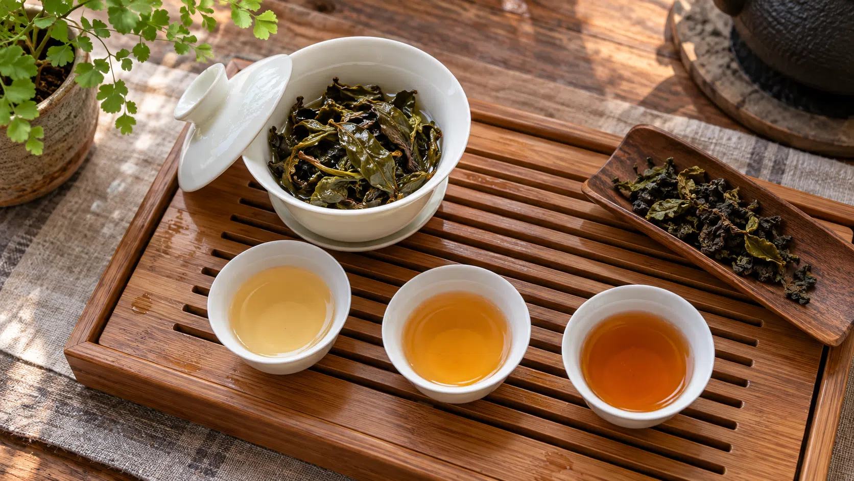 Gongfu tea setup with gaiwan and tasting cups