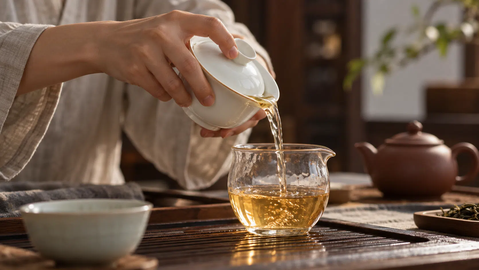 Pouring tea from a porcelain gaiwan
