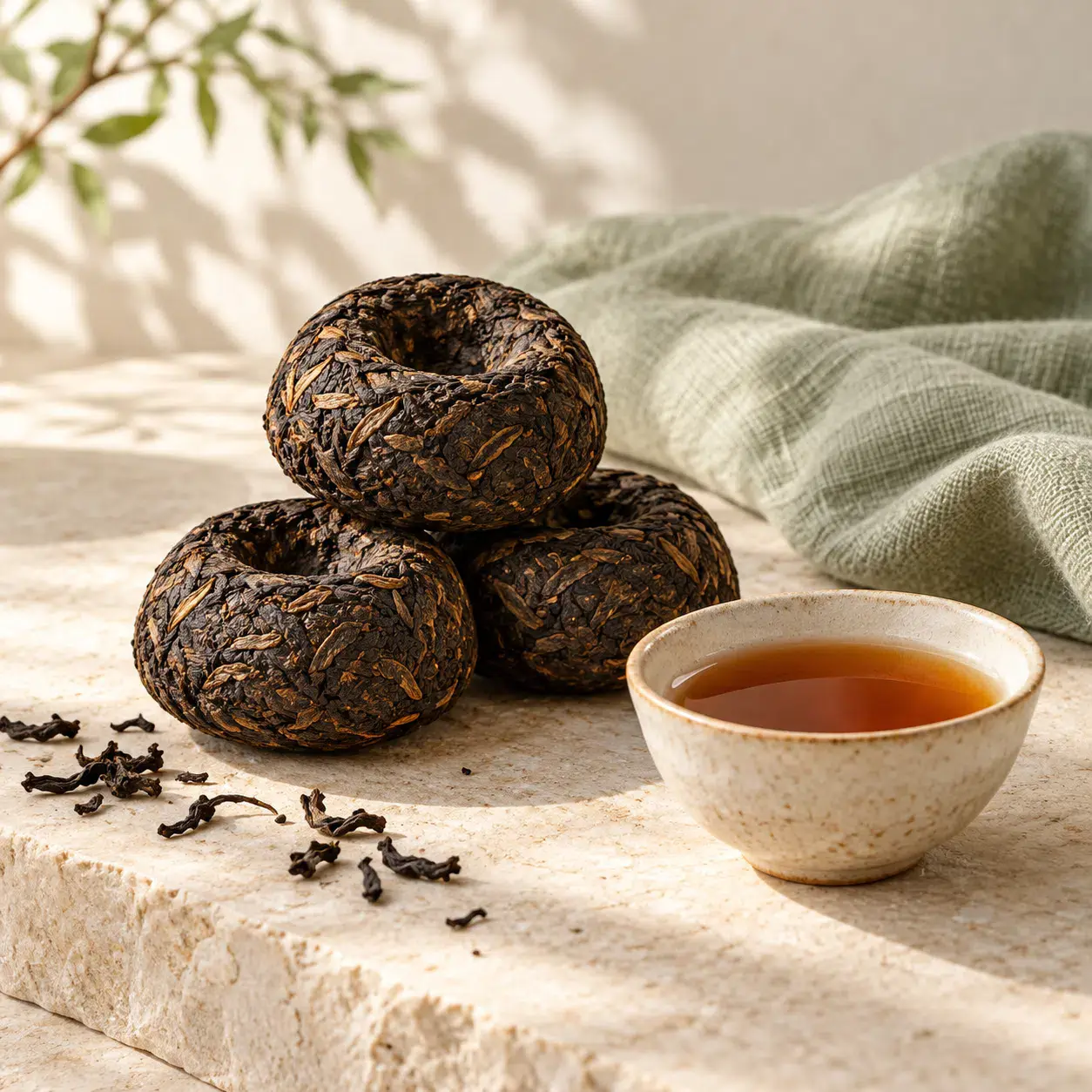 Stack of compressed pu erh tuocha tea