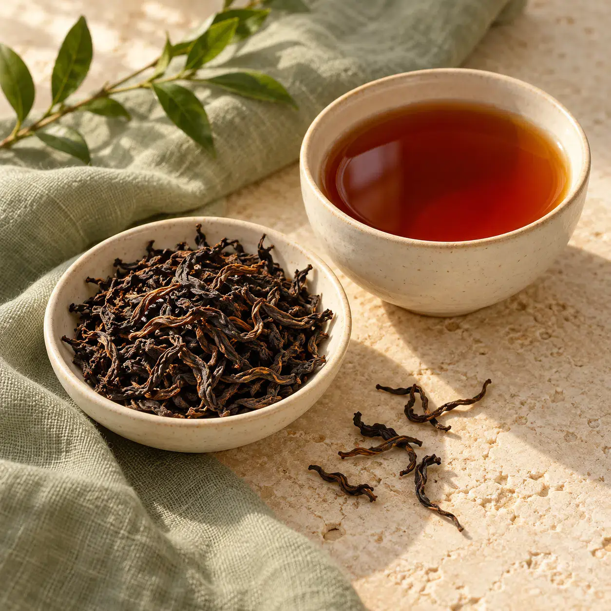 Chinese black tea leaves and a cup of dark amber tea