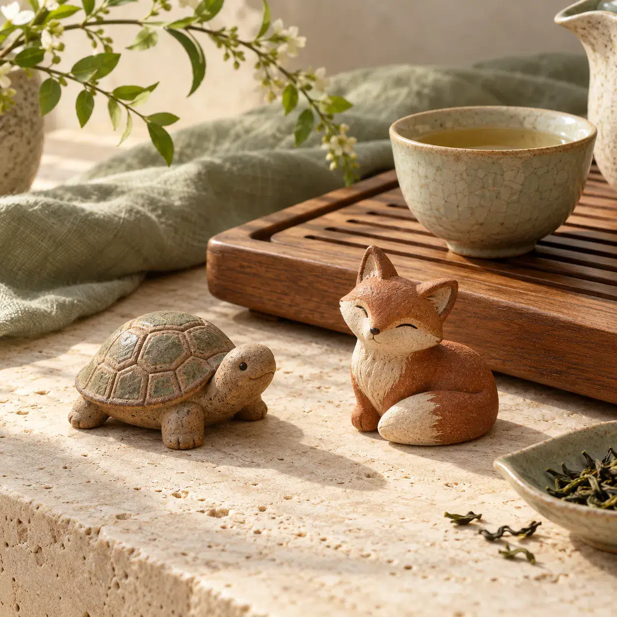 Small clay turtle and fox tea pets beside a tea tray