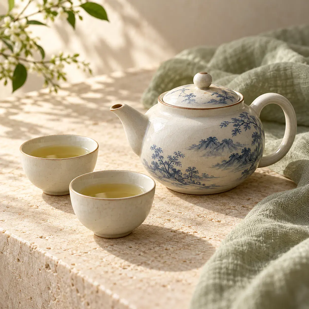 Chinese porcelain teapot with tea tasting cups