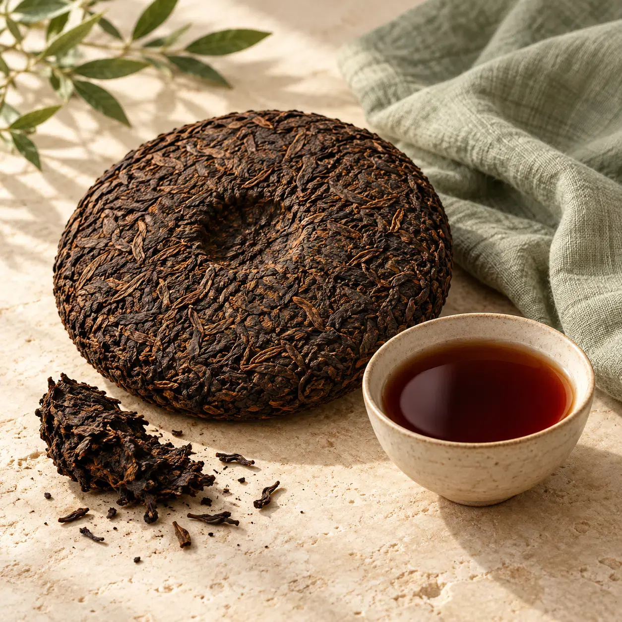 Dark ripe pu erh tea cake with a rich infusion