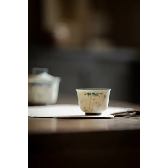 White Blue Gongfu Tea Cup, Hand-Painted Bamboo, Jade Porcelain 50ml — detail 2