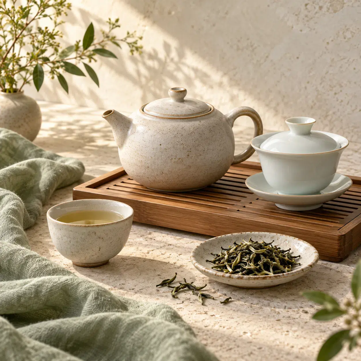 Teapot, gaiwan and cups arranged for tea brewing