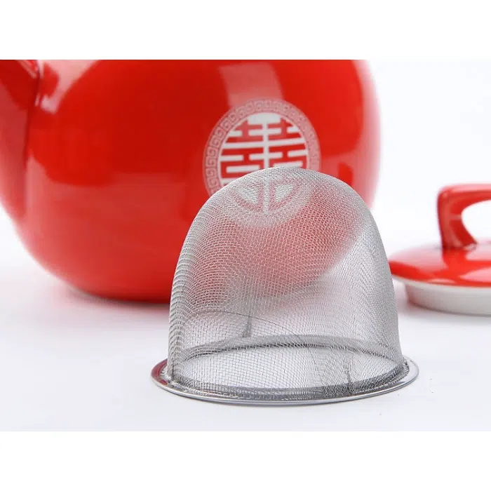 Chinese Wedding Tea Set ‘Double Happiness’: Red Teapot, 6 Cups & Tray 900ml — detail 1
