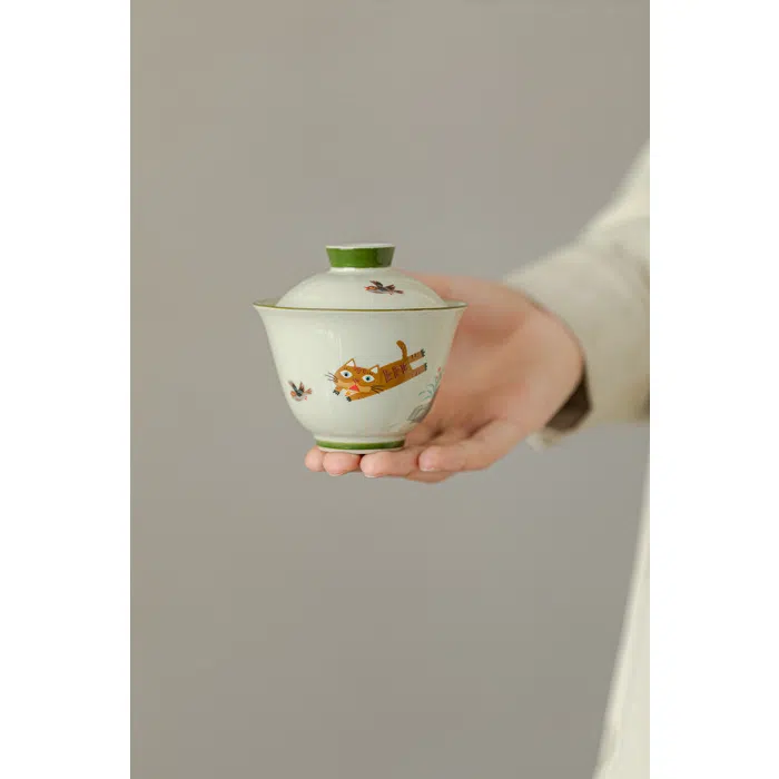 'Cat Chasing Bird' Ceramic Gaiwan, Ceramic Gongfu Gaiwan 150ml — detail 5