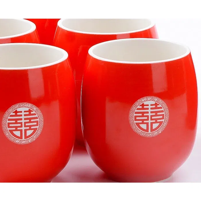 Chinese Wedding Tea Set ‘Double Happiness’: Red Teapot, 6 Cups & Tray 900ml — detail 2