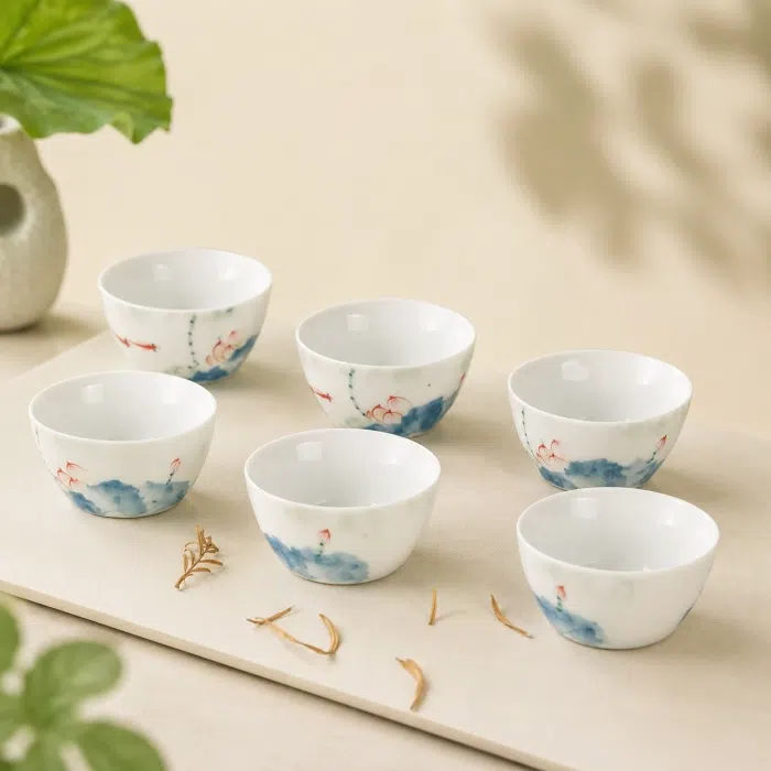 Small Porcelain Tea Cup, Fish & Lotus Pond Artwork 60ml — detail 1