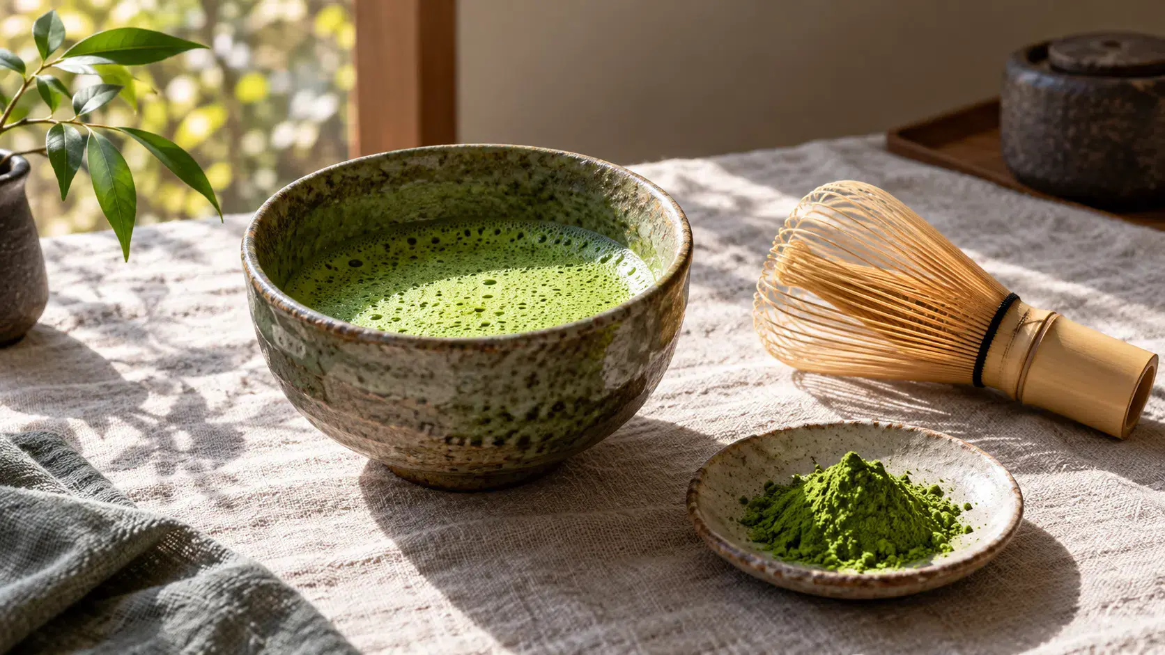 Bowl of matcha with a bamboo whisk