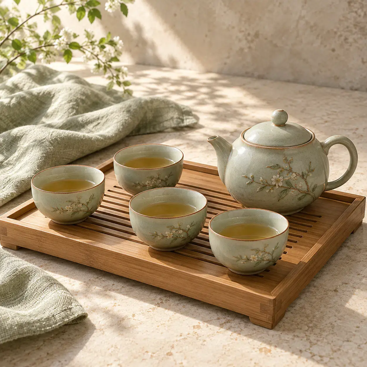 Matching Chinese teapot and cups on a tea tray