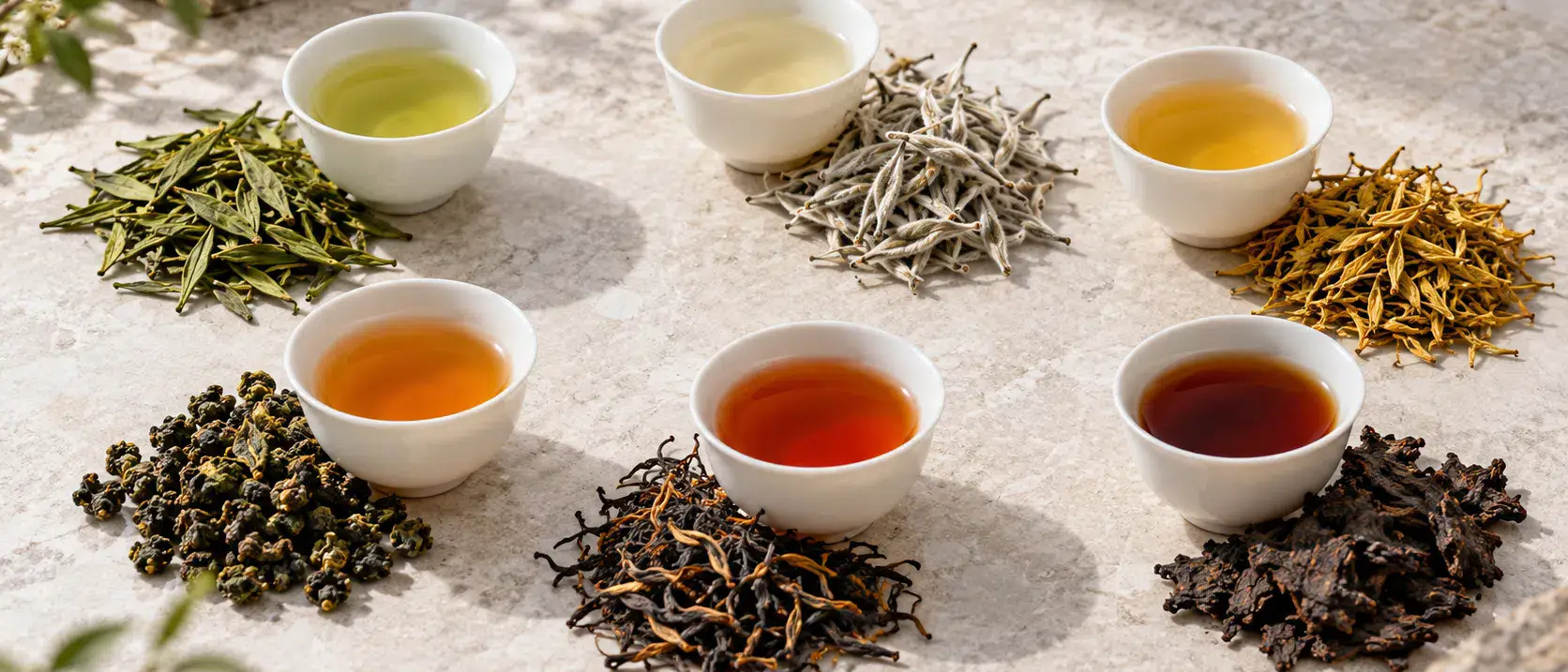 Six styles of tea leaves and tasting cups