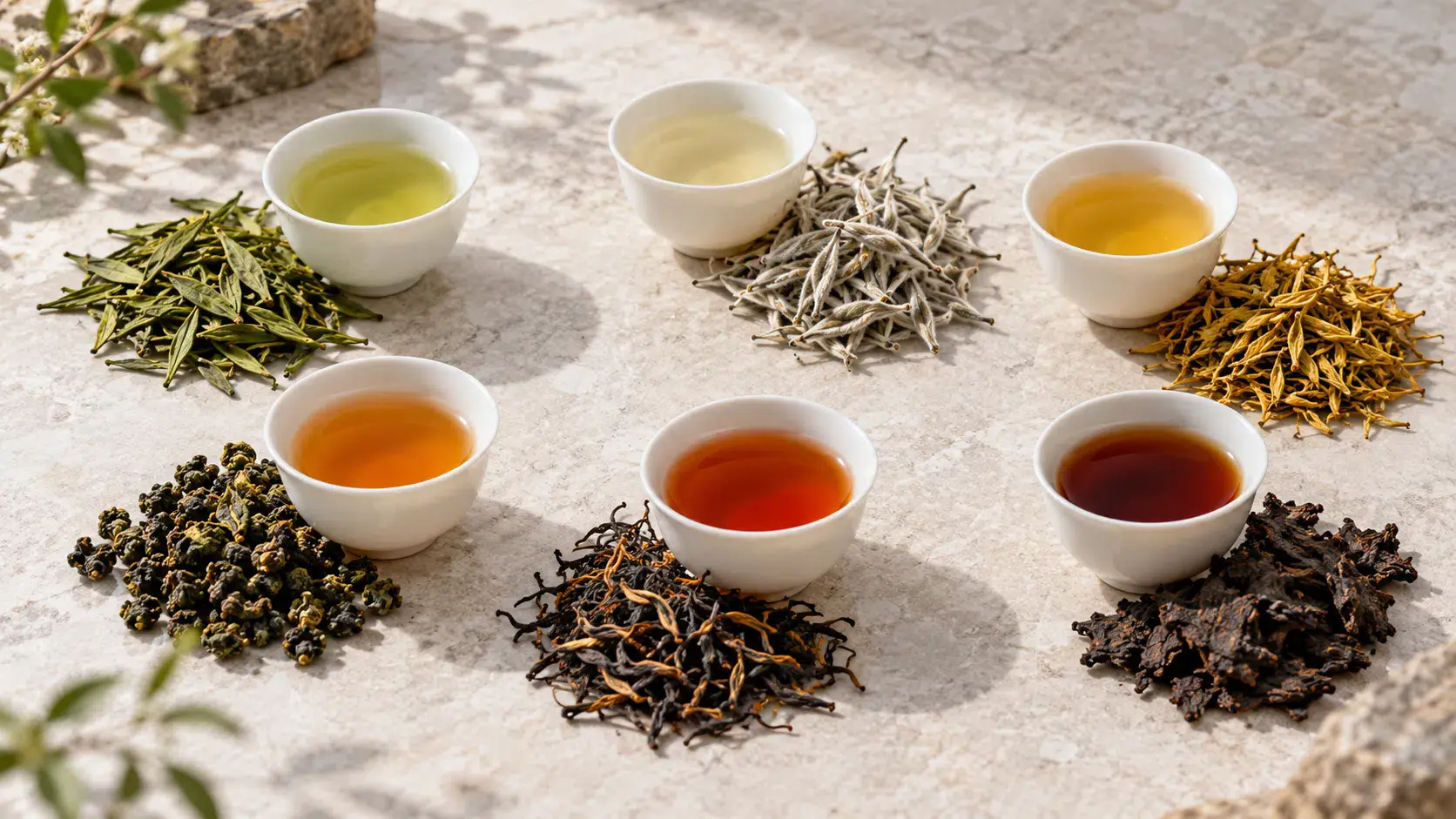 Six styles of tea leaves and tasting cups