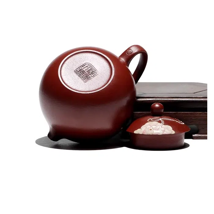 Pufferfish Xishi Yixing Teapot, Peony Art, Da Hong Pao Zhu Ni Clay 150ml — detail 4