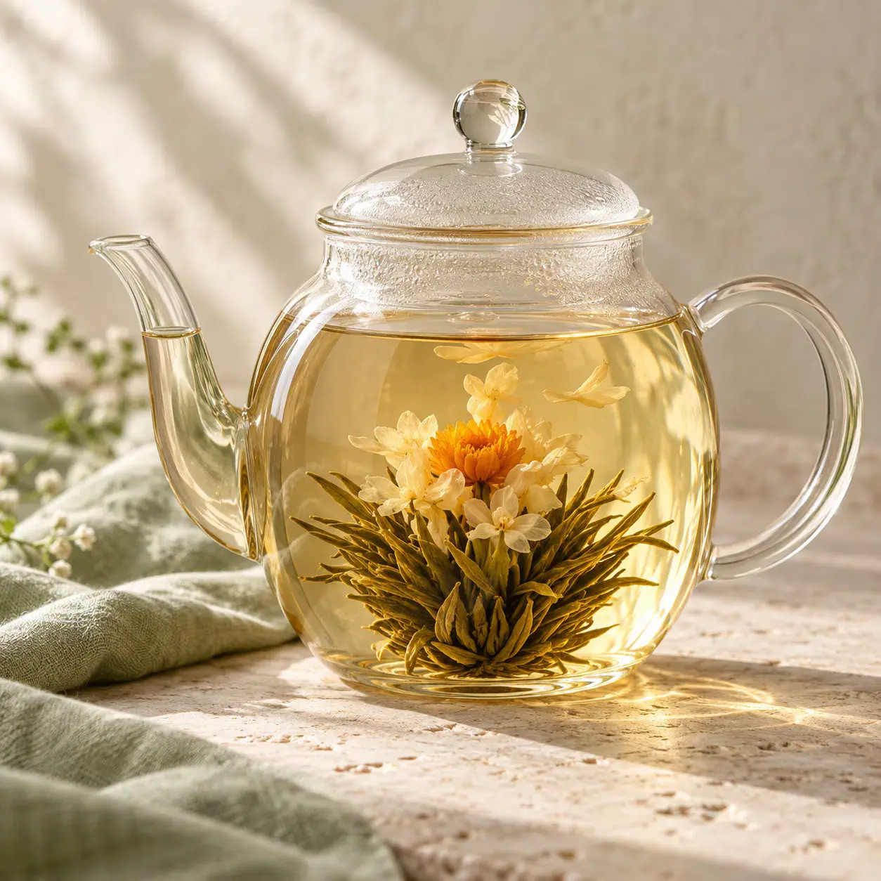 Blooming tea flower unfurling in a clear teapot