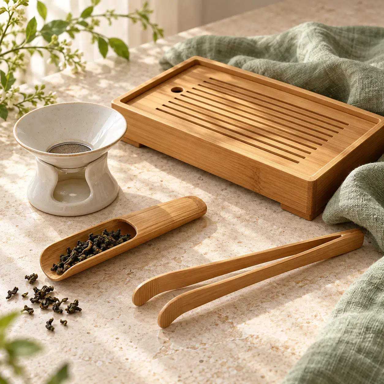 Bamboo tea scoop, tongs and brewing accessories