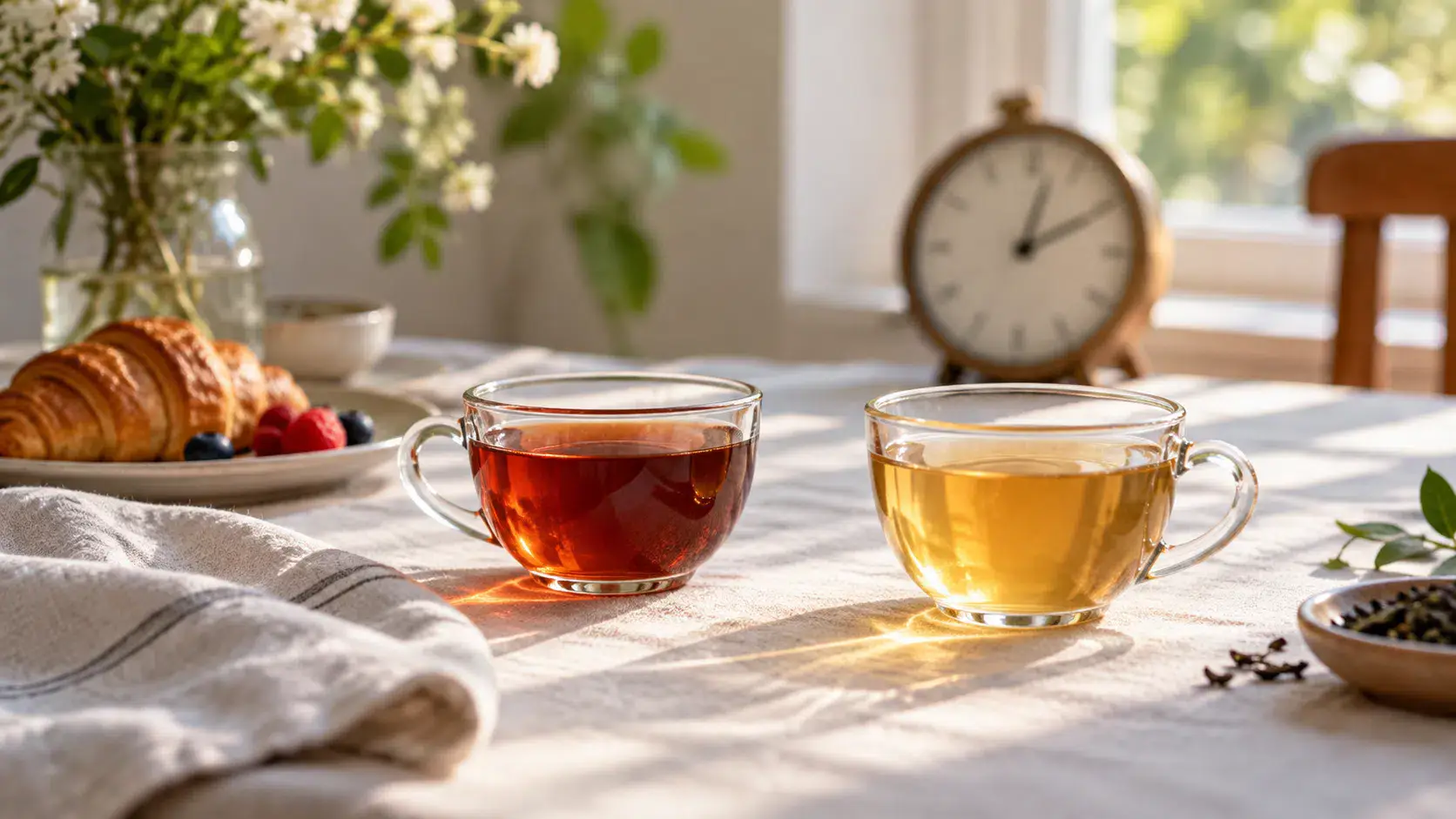 Two cups of tea in a calm morning setting