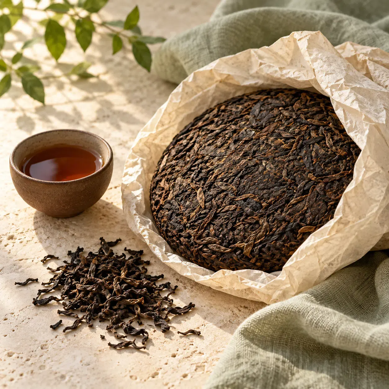Compressed pu erh tea cake with a tasting cup
