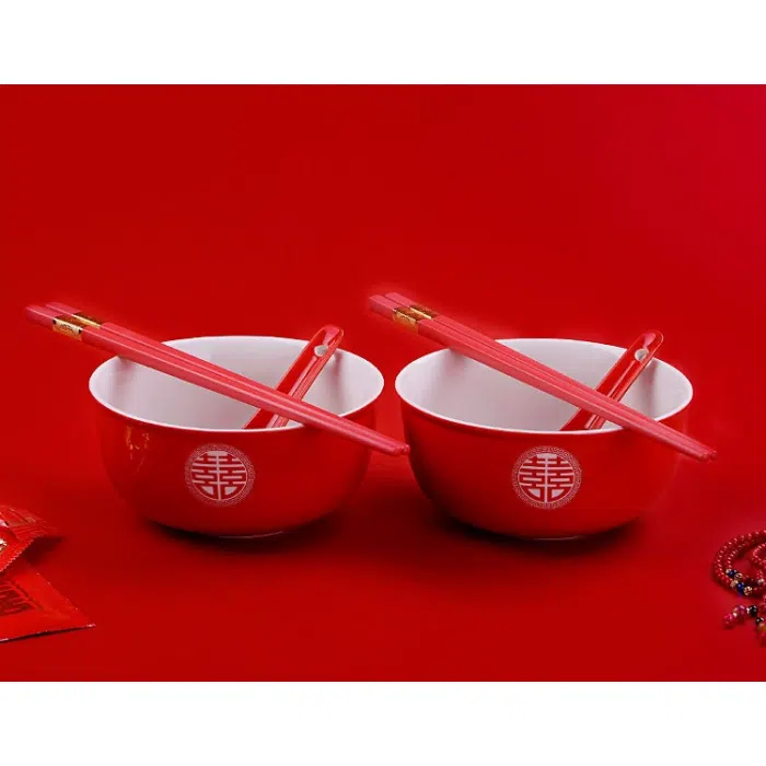 'Double Happiness' Chinese Red Wedding Set: 2 Gaiwans, Bowls, Chopsticks, Spoons & 1 Tray — detail 4