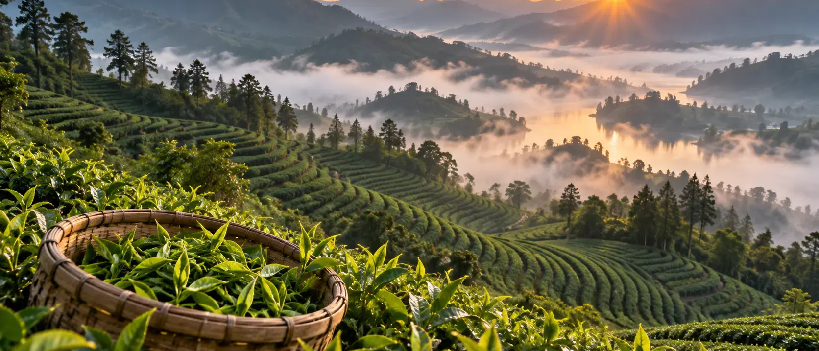 Misty tea fields in the Chinese hills