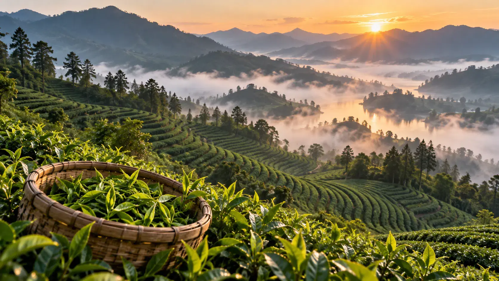 Misty tea fields in the Chinese hills