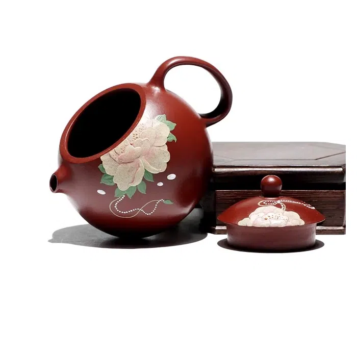 Pufferfish Xishi Yixing Teapot, Peony Art, Da Hong Pao Zhu Ni Clay 150ml — detail 5