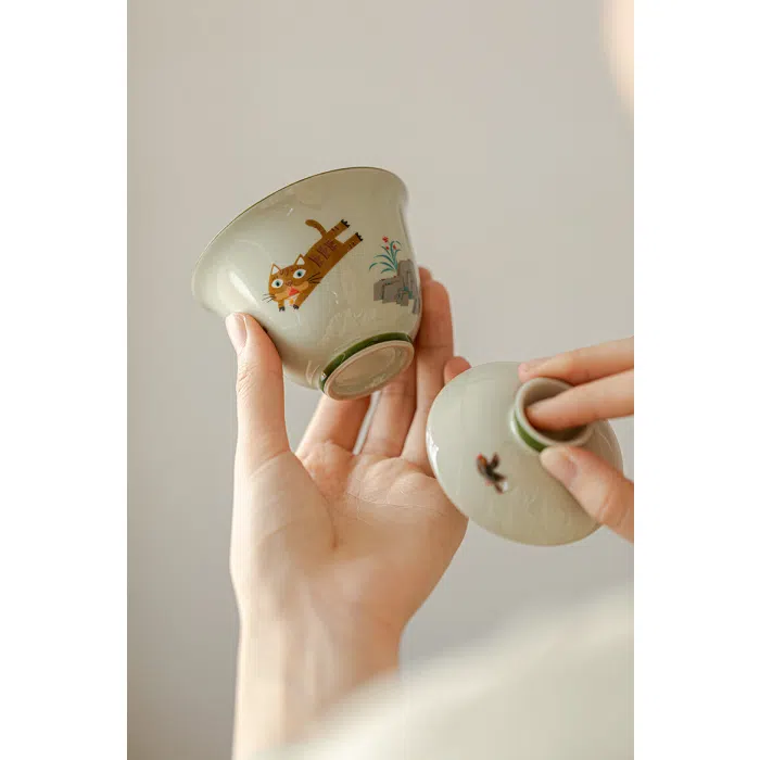 'Cat Chasing Bird' Ceramic Gaiwan, Ceramic Gongfu Gaiwan 150ml — detail 3