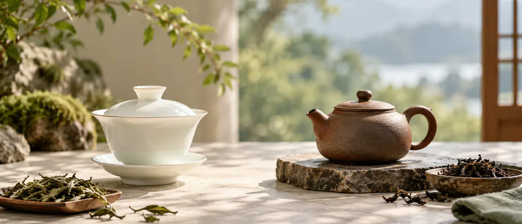 Porcelain gaiwan and clay teapot on a tea table