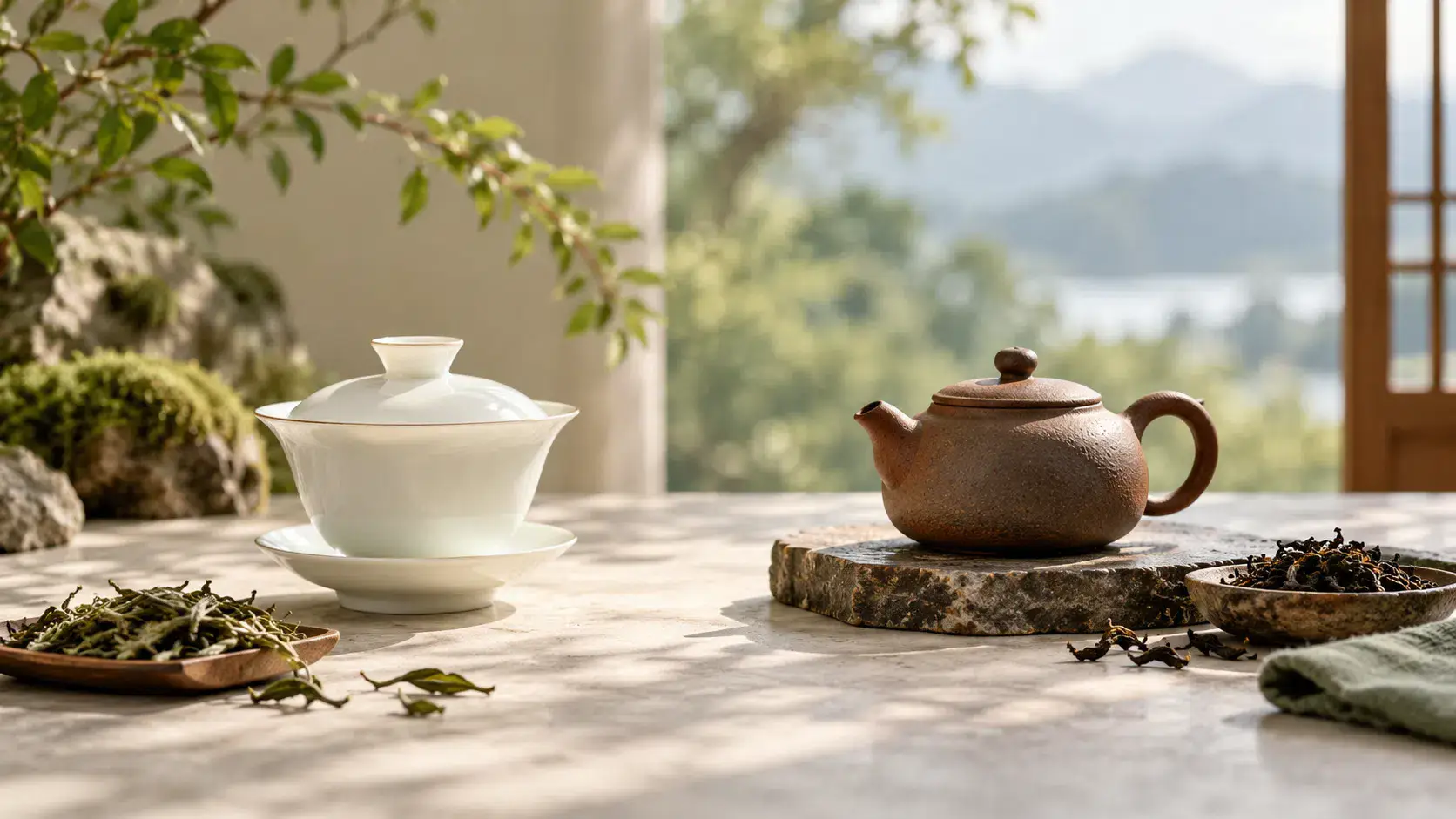 Porcelain gaiwan and clay teapot on a tea table
