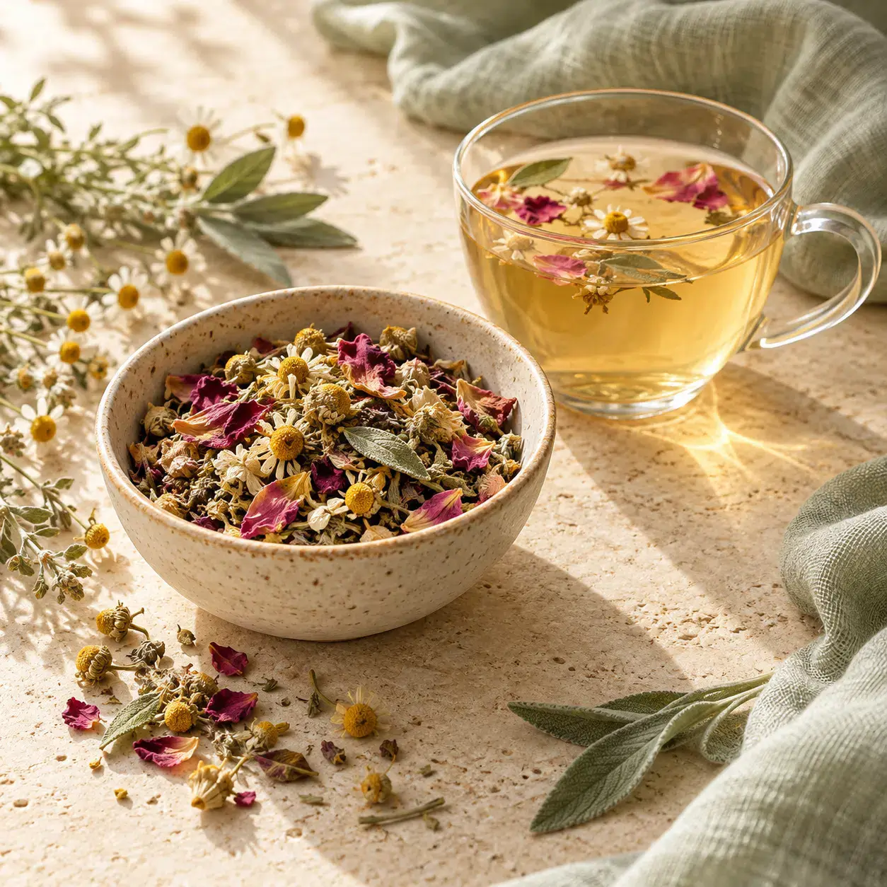 Dried botanicals and a cup of herbal infusion