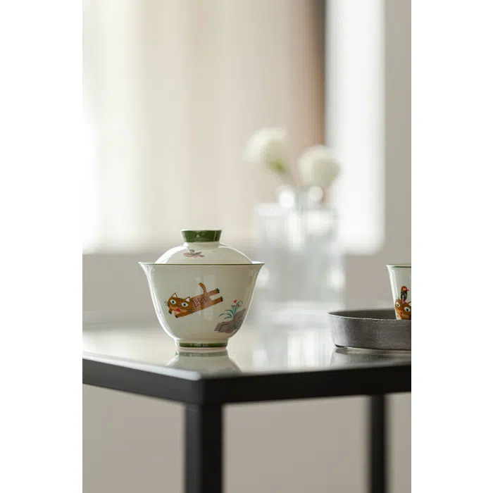 'Cat Chasing Bird' Ceramic Gaiwan, Ceramic Gongfu Gaiwan 150ml — detail 2