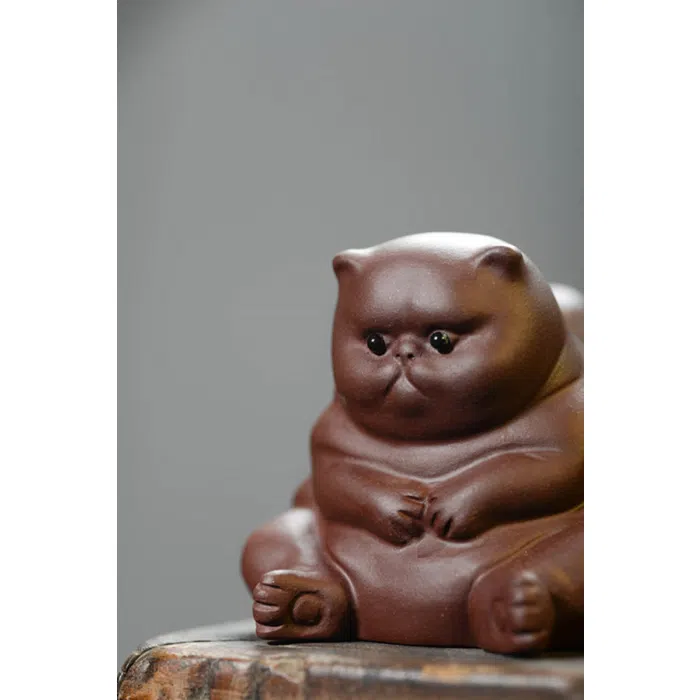 Thinking Cat Tea Pet, Yixing Purple Clay Cat Figurine — detail 1