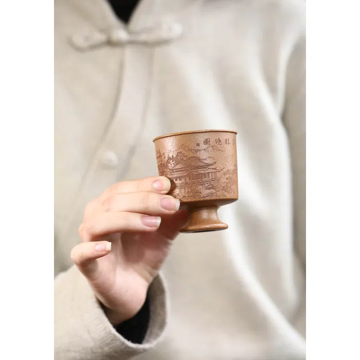 Tea Cup with Hand-Engraved Landscape, Jiangpo Clay Tea Cup with Stem 90ml — detail 2