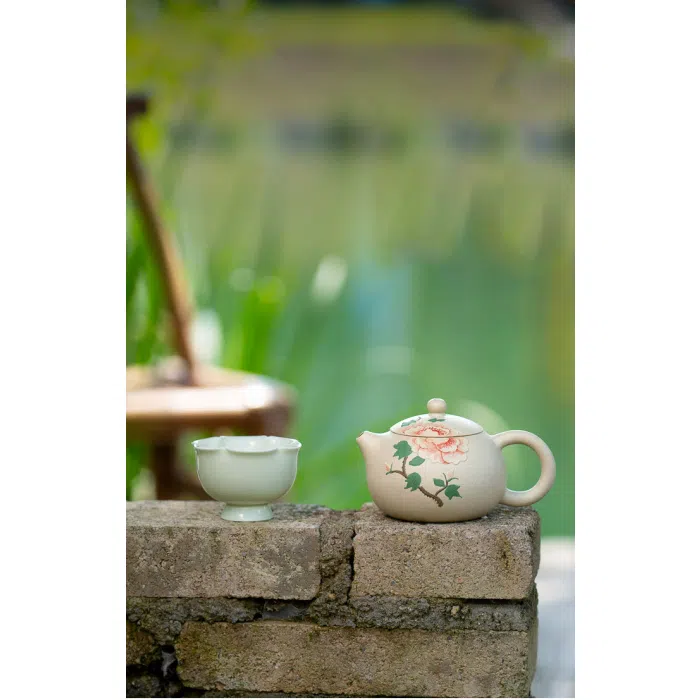 Peony Xishi Yixing Teapot & Tea Cup - White Jade Duanni Clay 250ml — detail 3