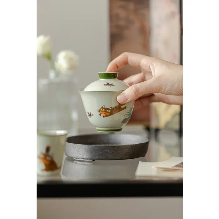 'Cat Chasing Bird' Ceramic Gaiwan, Ceramic Gongfu Gaiwan 150ml — detail 4