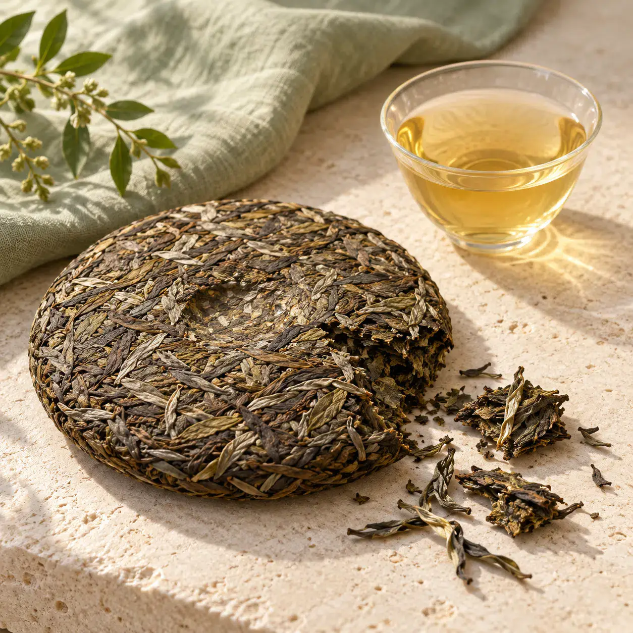 Raw pu erh tea cake with a pale golden infusion