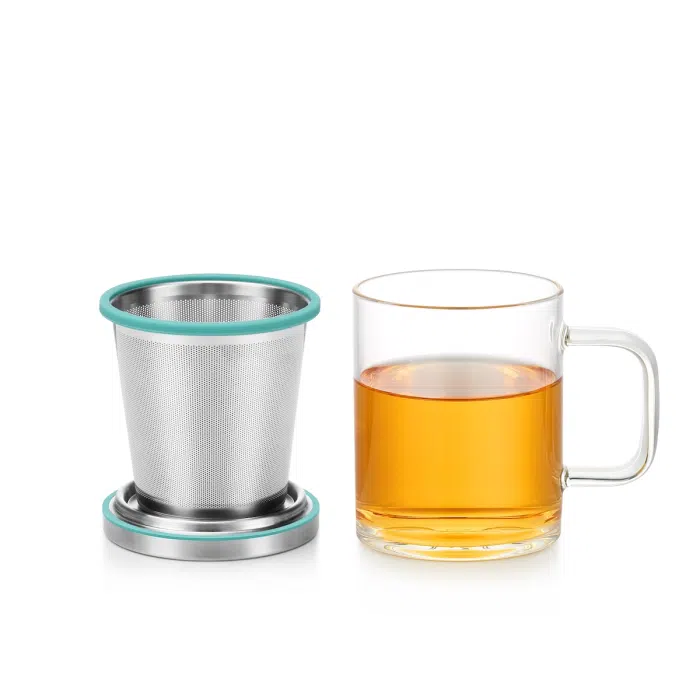 Small Glass Tea Mug with Infuser and Lid, Tiffany Blue 350ml — detail 2