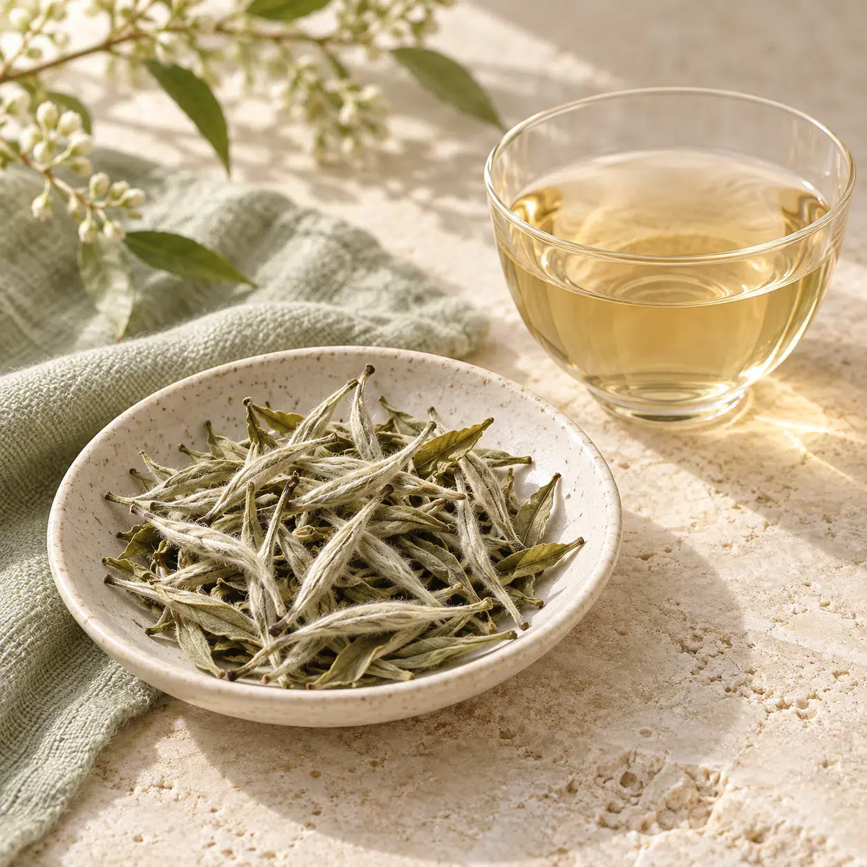 Silver white tea buds beside a light tea infusion
