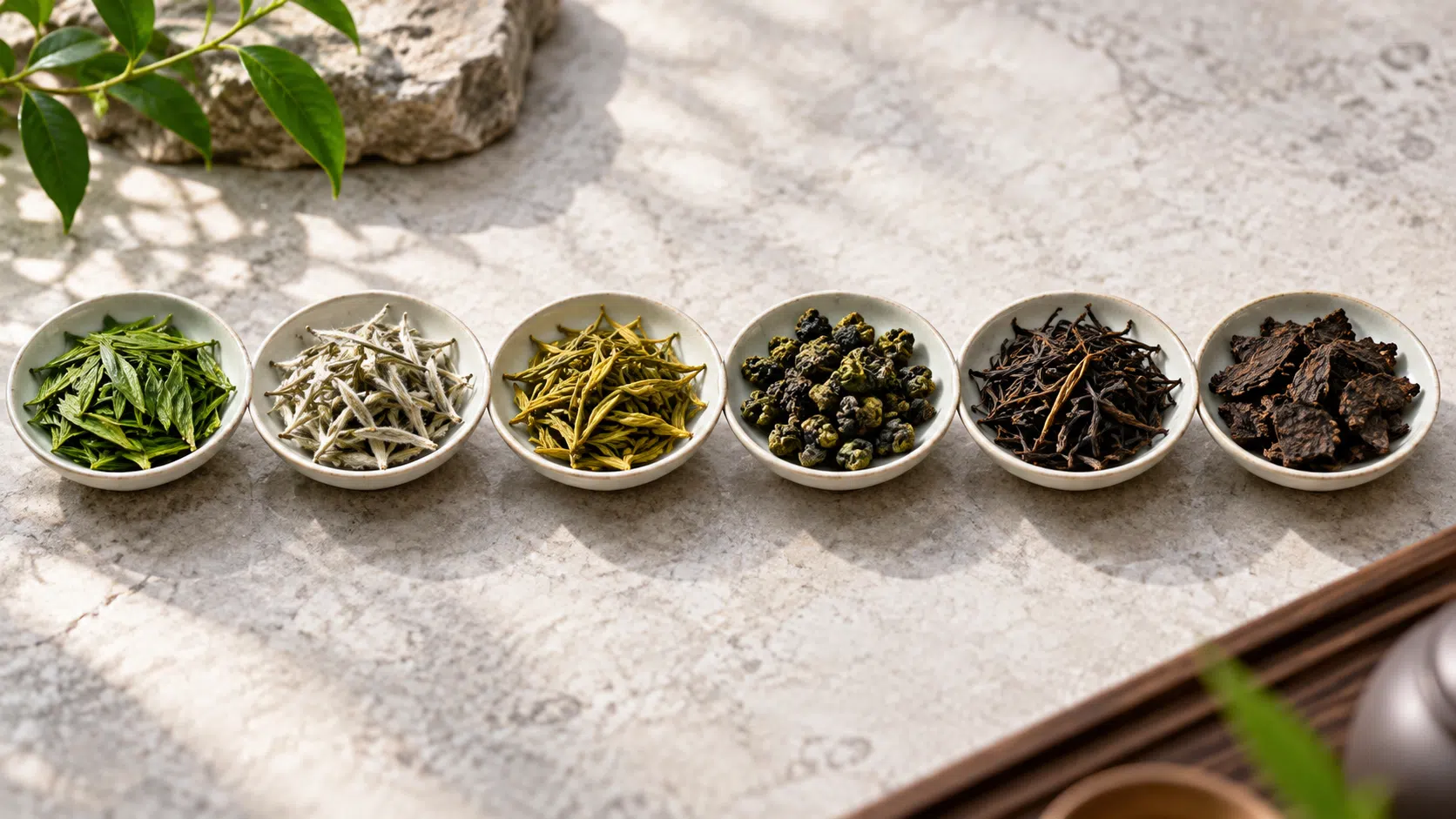 Six Chinese tea families shown as dry leaves in porcelain dishes