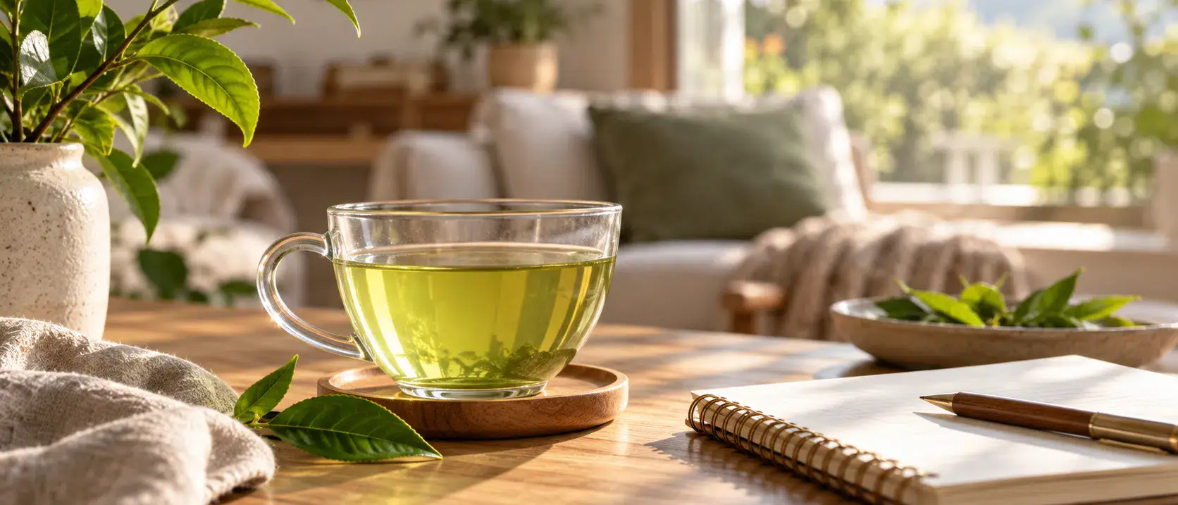 Cup of tea beside a notebook in morning light