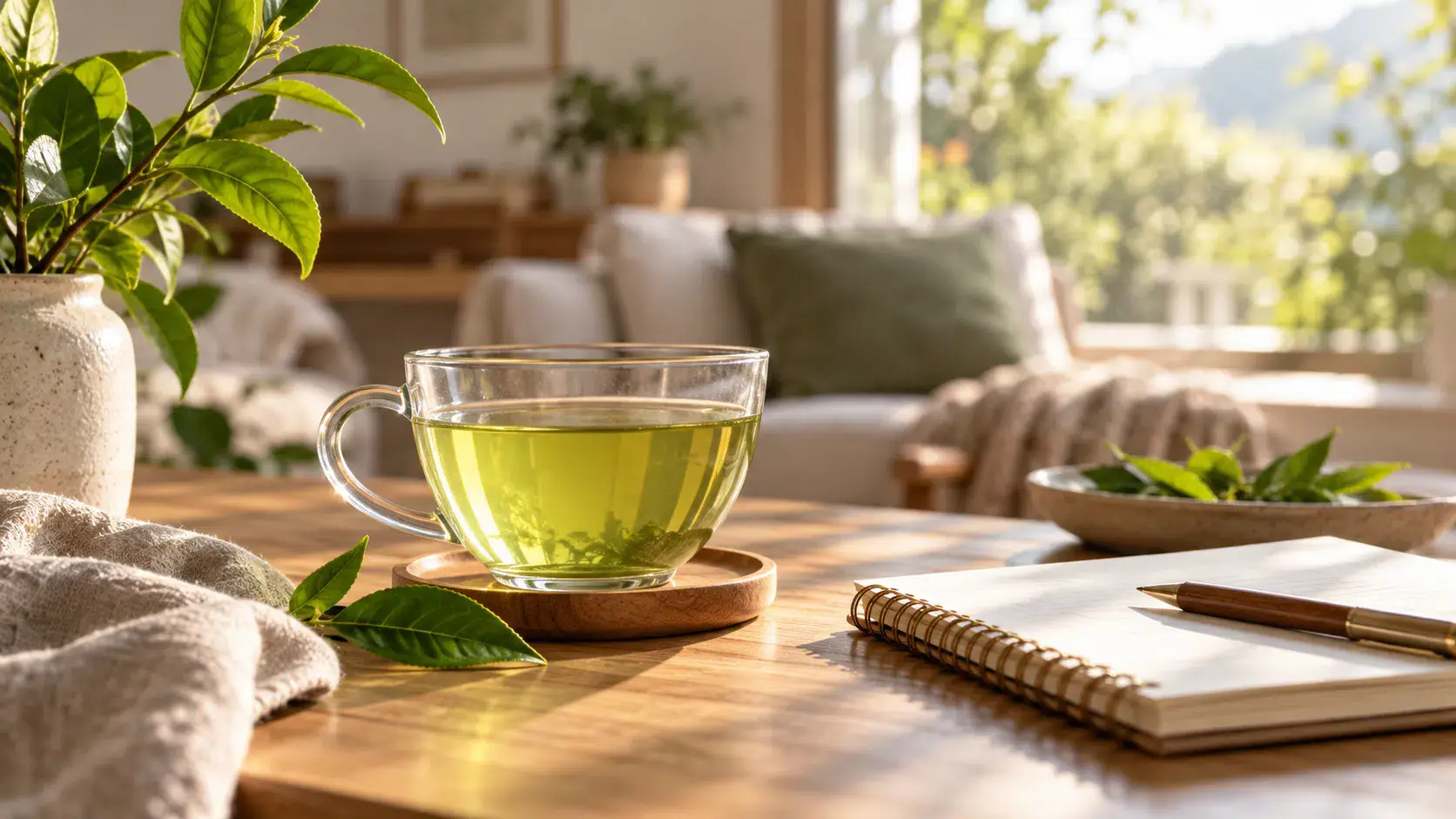Cup of tea beside a notebook in morning light