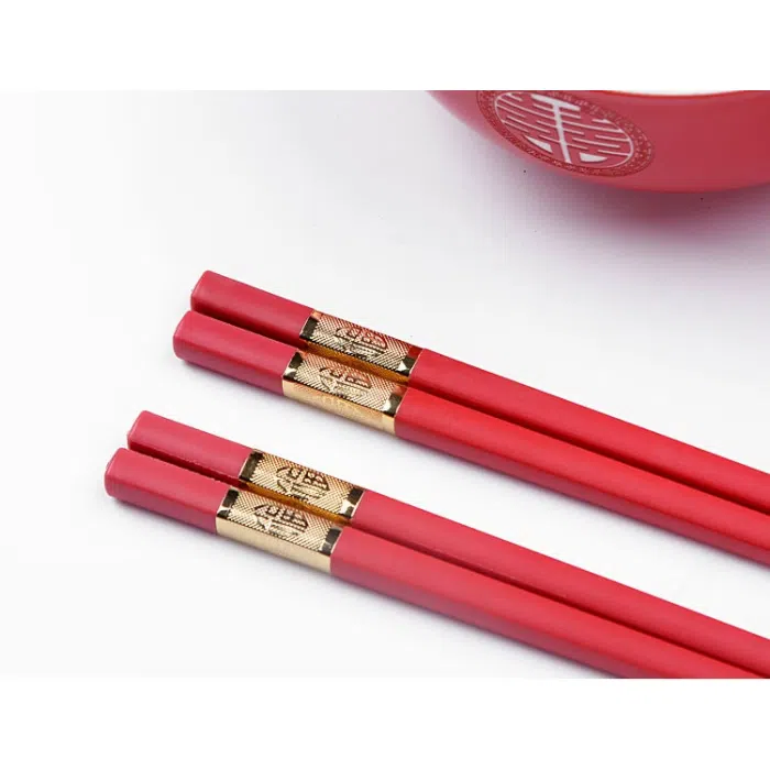 'Double Happiness' Chinese Red Wedding Set: 2 Gaiwans, Bowls, Chopsticks, Spoons & 1 Tray — detail 1