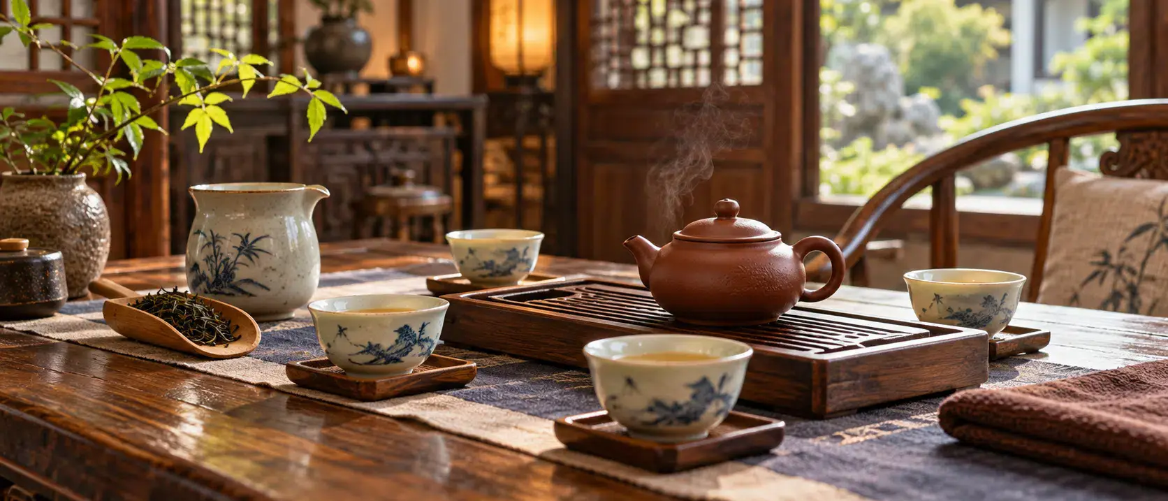 Tea house table prepared for sharing tea
